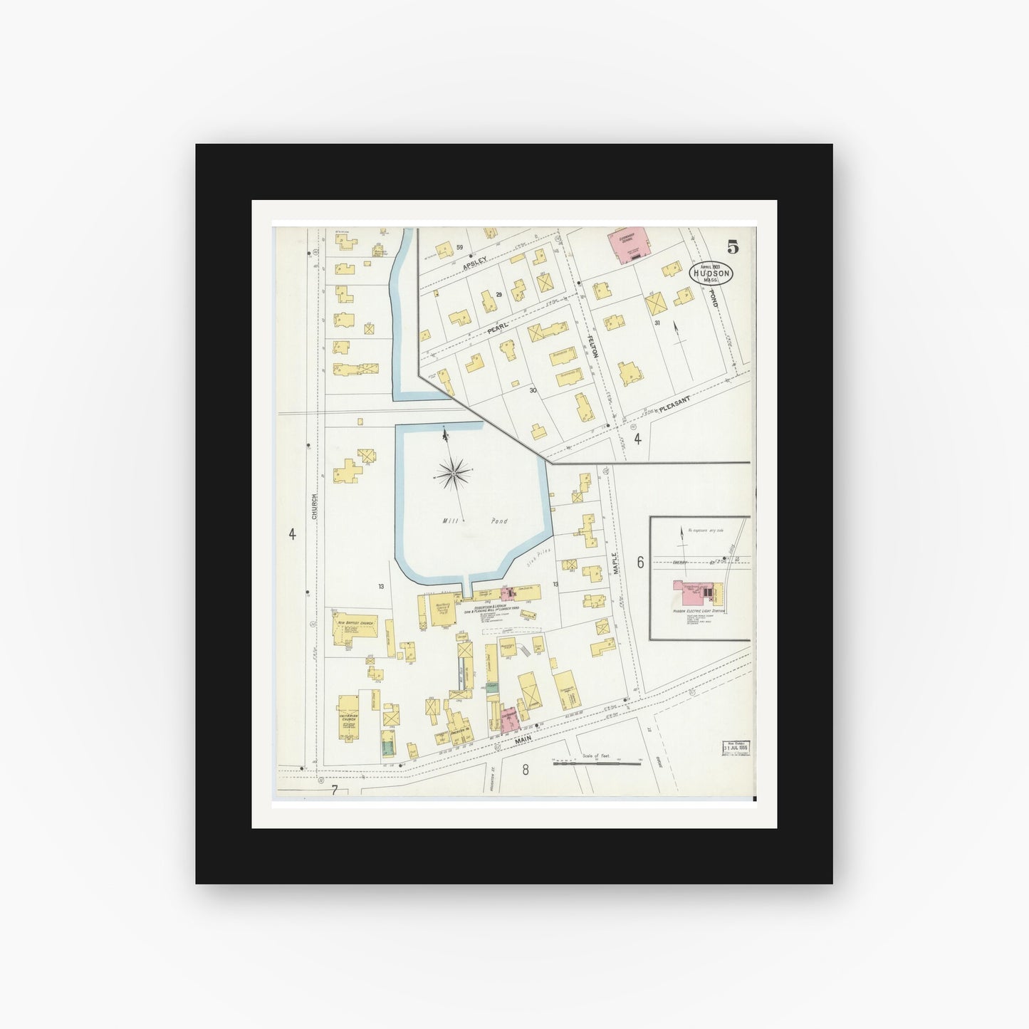 Old map wall art mockup — black gallery frame with white mat — Sanborn Fire Insurance Map from Hudson, Middlesex County, Massachusetts (1903), Sheet #0005
