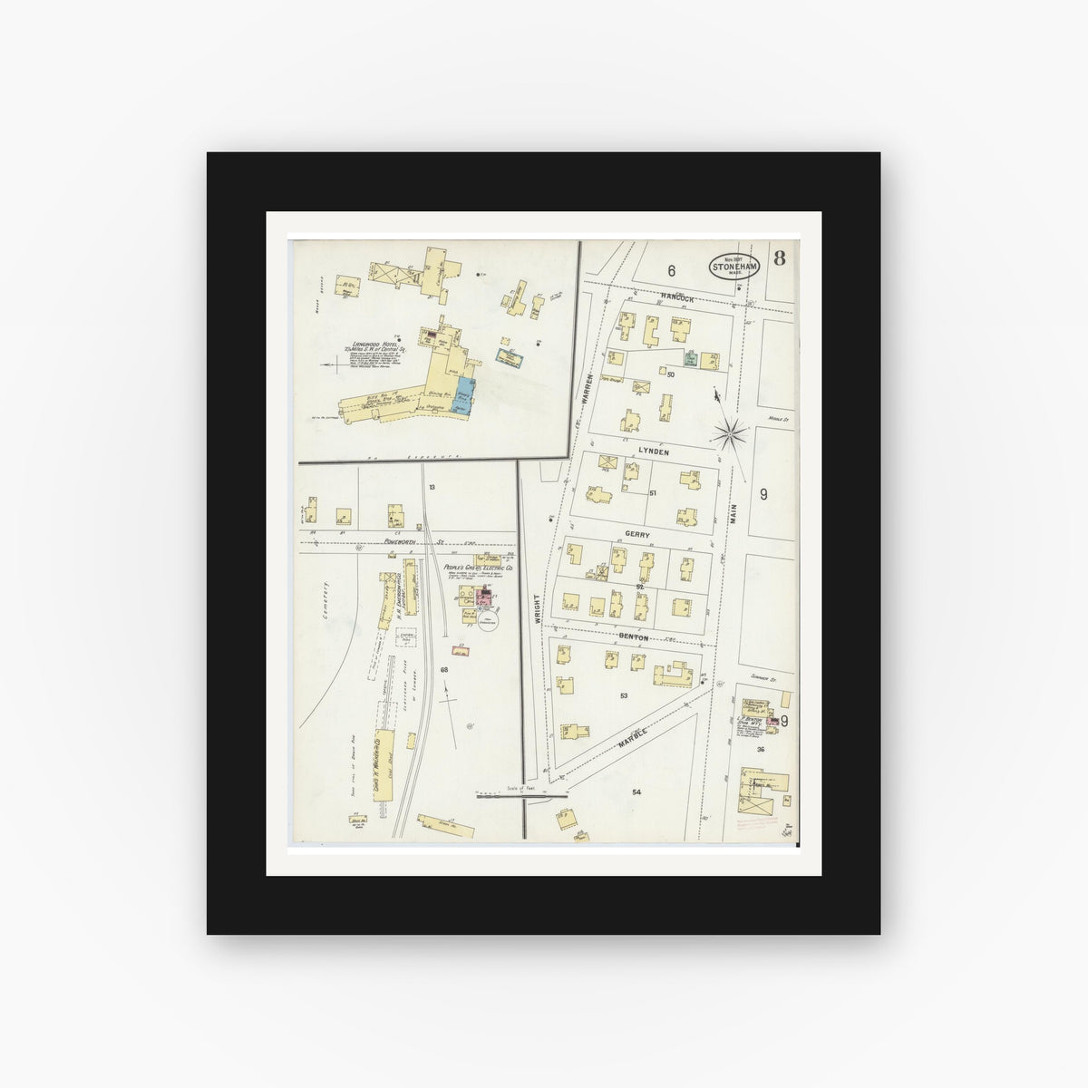 Old map wall art mockup — black gallery frame with white mat — Sanborn Fire Insurance Map from Stoneham, Middlesex County, Massachusetts (1897), Sheet #0008
