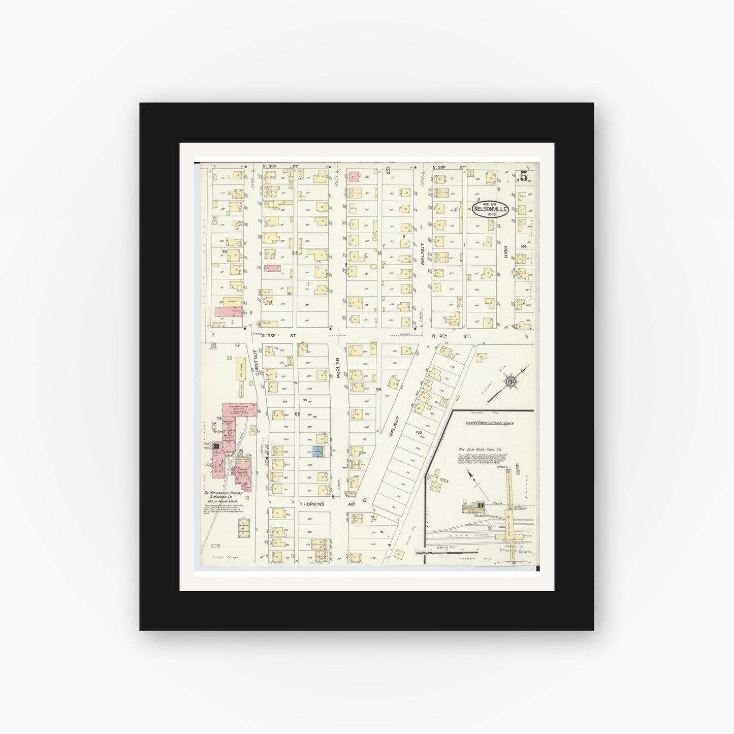 Old map wall art mockup — black gallery frame with white mat — Sanborn Fire Insurance Map from Nelsonville, Athens County, Ohio (1914), Sheet #0005