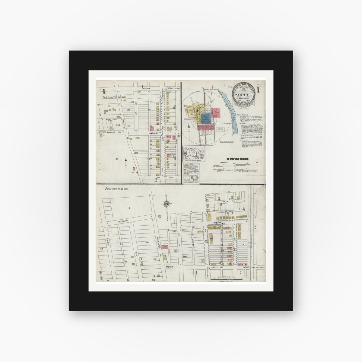Old map wall art mockup β black gallery frame with white mat β Sanborn Fire Insurance Map from Koppel, Beaver County, Pennsylvania (1923), Sheet #0001