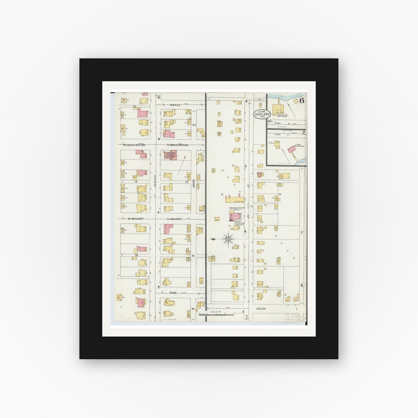 Old map wall art mockup — black gallery frame with white mat — Sanborn Fire Insurance Map from Ashland, Ashland County, Ohio (1899), Sheet #0006