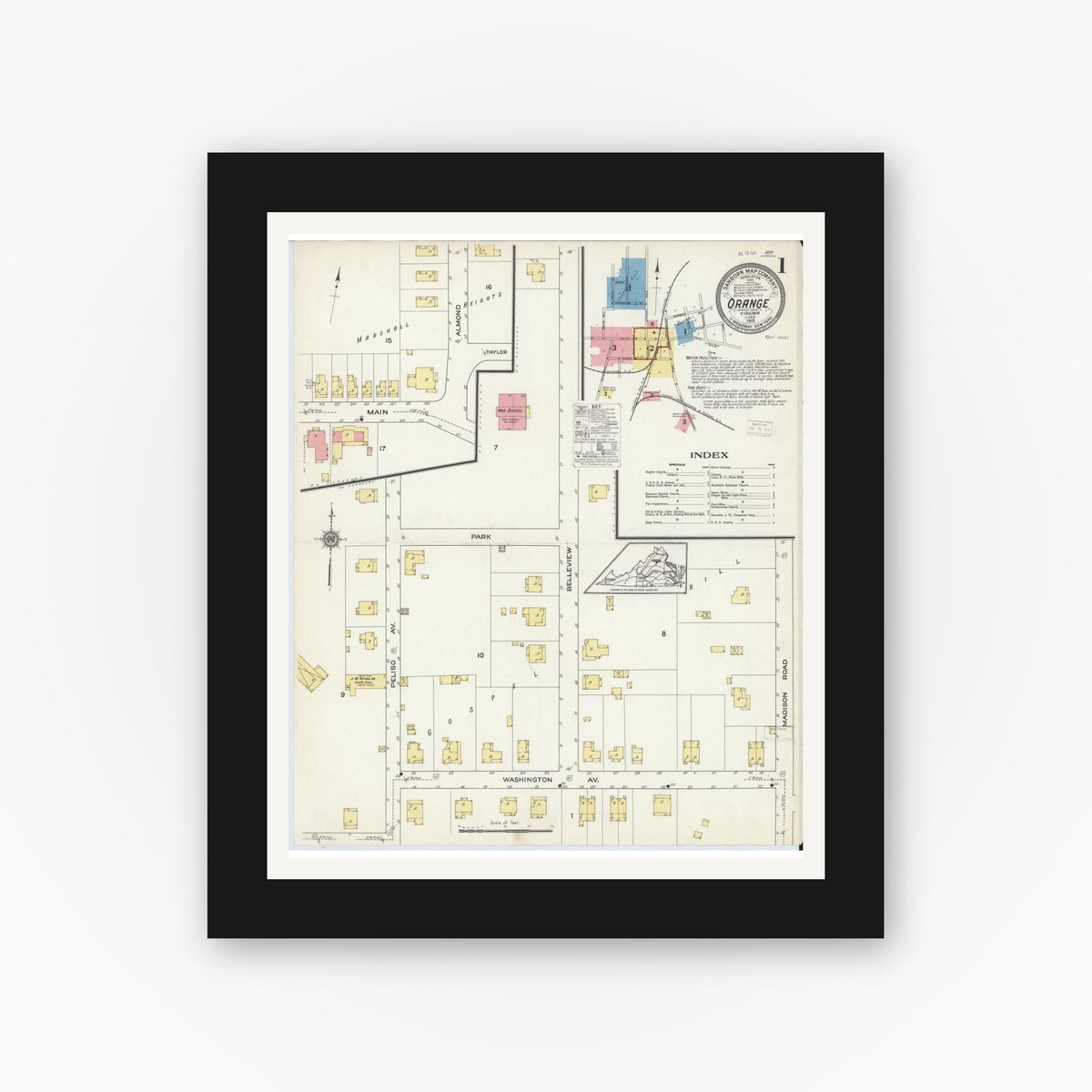 Old map wall art mockup — black gallery frame with white mat — Sanborn Fire Insurance Map from Orange, Orange County, Virginia (1915) - Complete Map Set