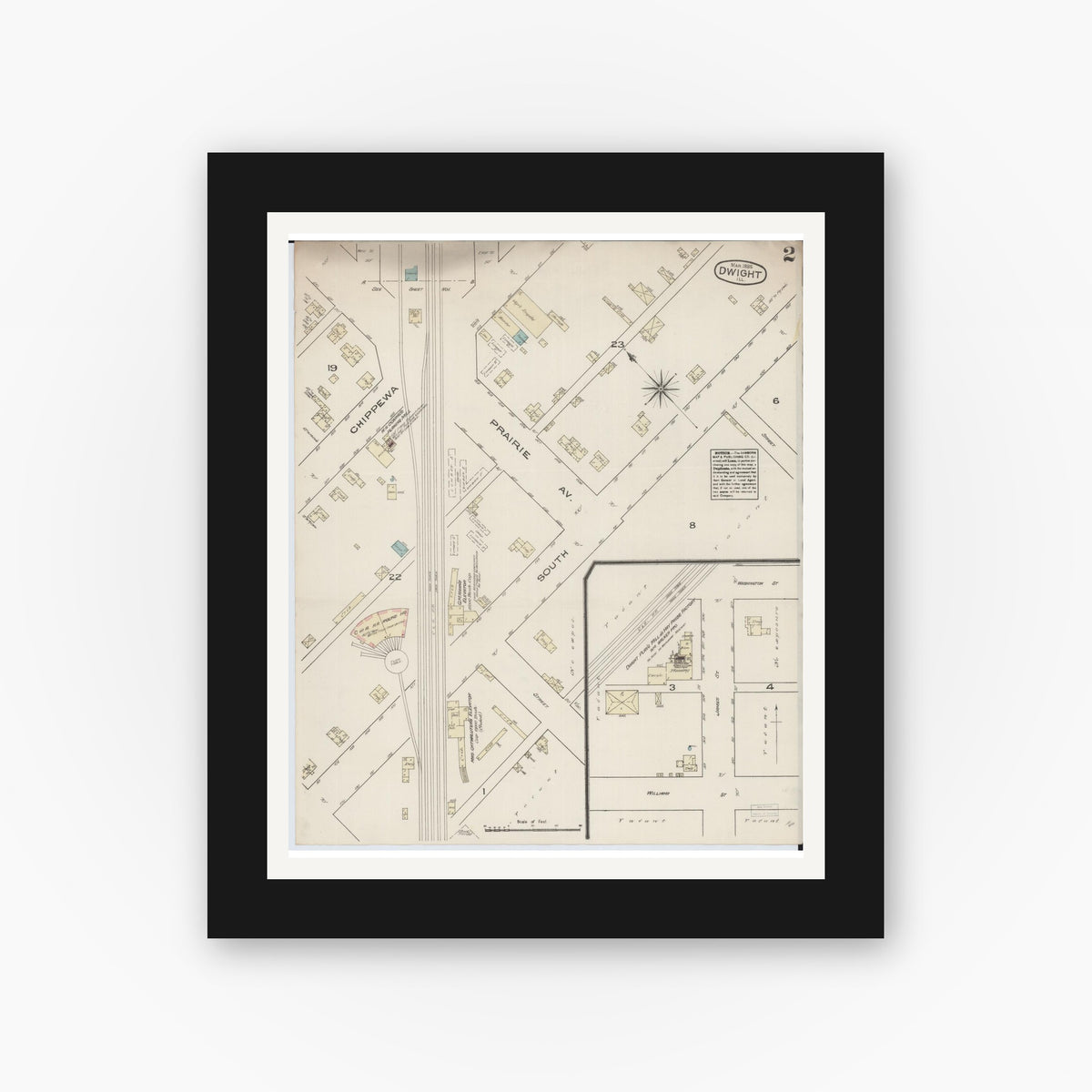 Old map wall art mockup — black gallery frame with white mat — Sanborn Fire Insurance Map from Dwight, Livingston County, Illinois (1885), Sheet #0002