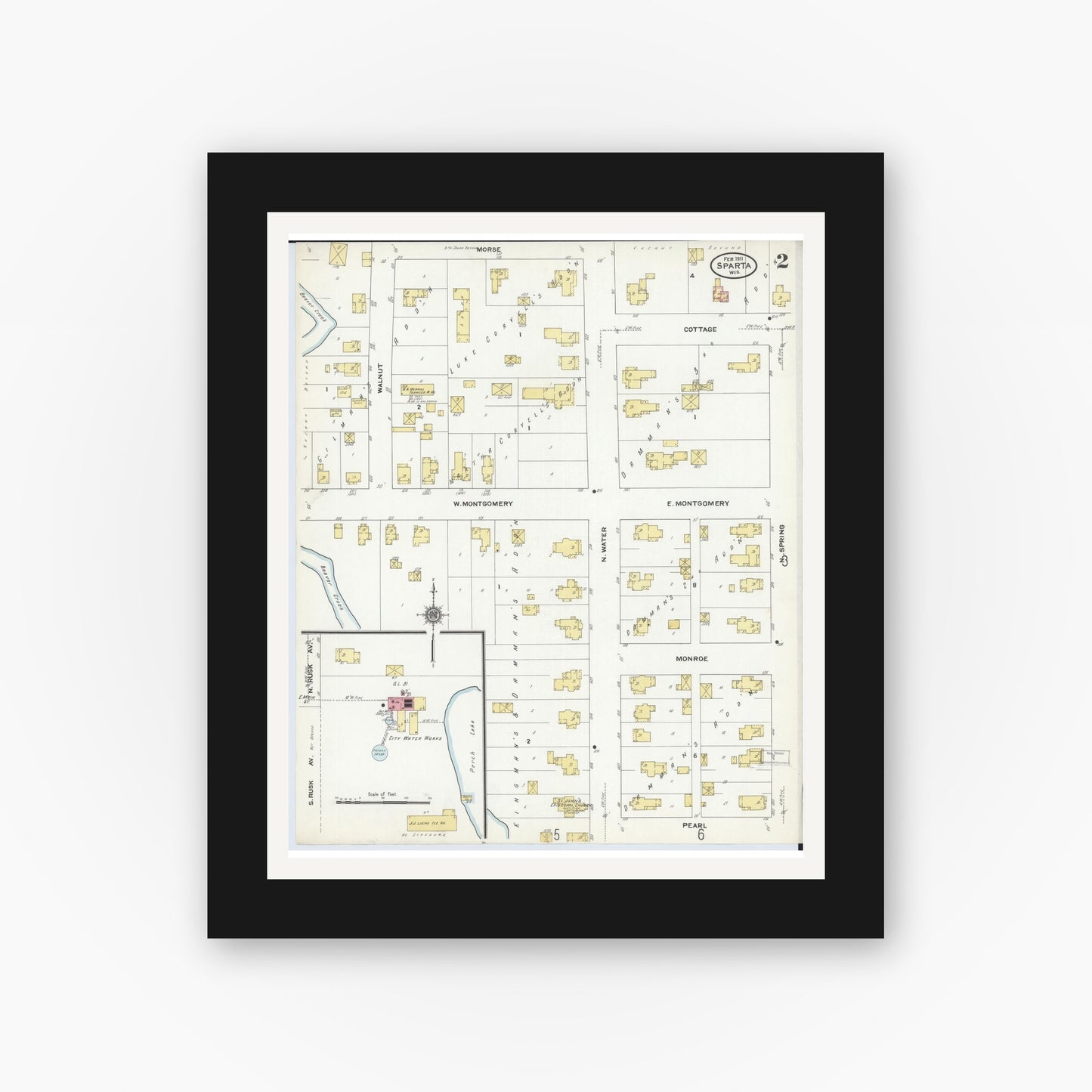 Old map wall art mockup — black gallery frame with white mat — Sanborn Fire Insurance Map from Sparta, Monroe County, Wisconsin (1911), Sheet #0002