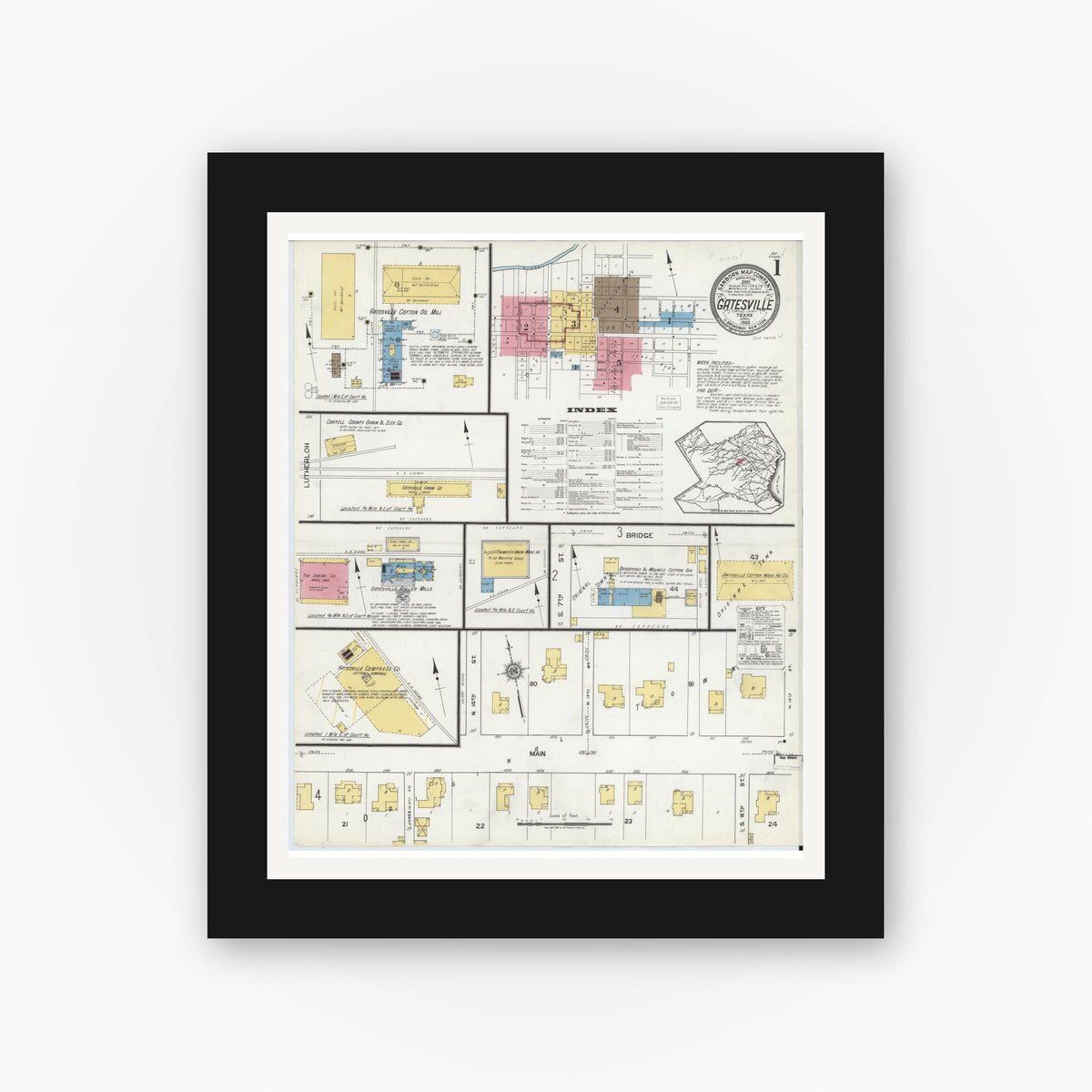 Old map wall art mockup — black gallery frame with white mat — Sanborn Fire Insurance Map from Gatesville, Coryell County, Texas (1920) - Complete Map Set