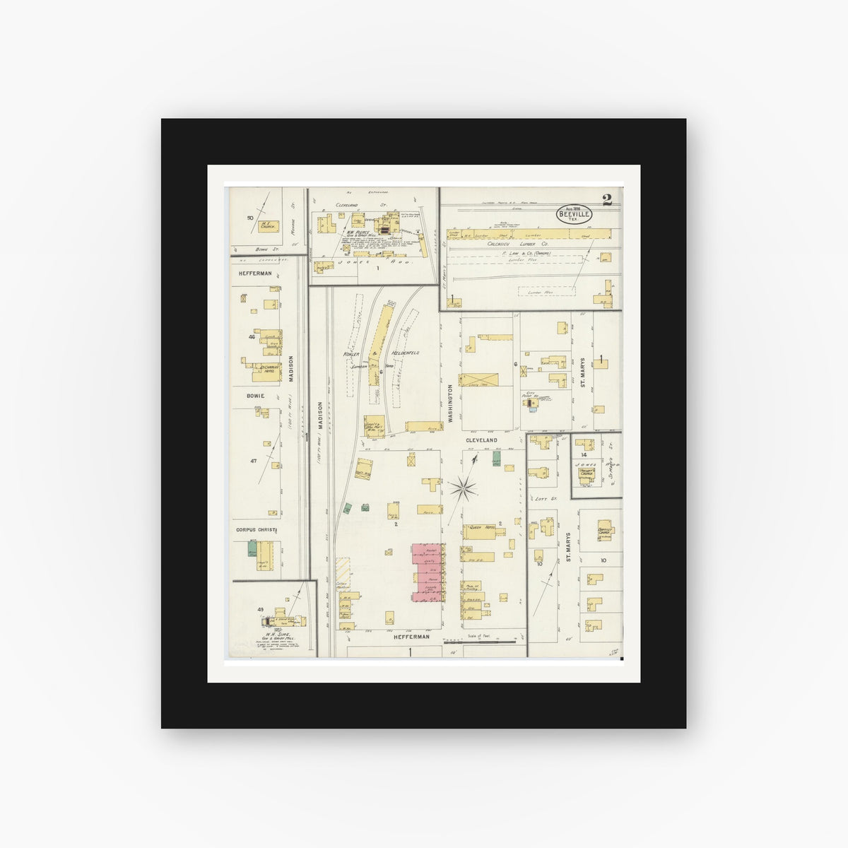 Old map wall art mockup — black gallery frame with white mat — Sanborn Fire Insurance Map from Beeville, Bee County, Texas (1898), Sheet #0002