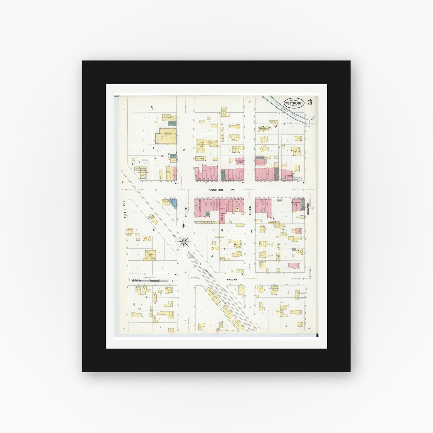 Old map wall art mockup — black gallery frame with white mat — Sanborn Fire Insurance Map from West Branch, Ogemaw County, Michigan (1909), Sheet #0003