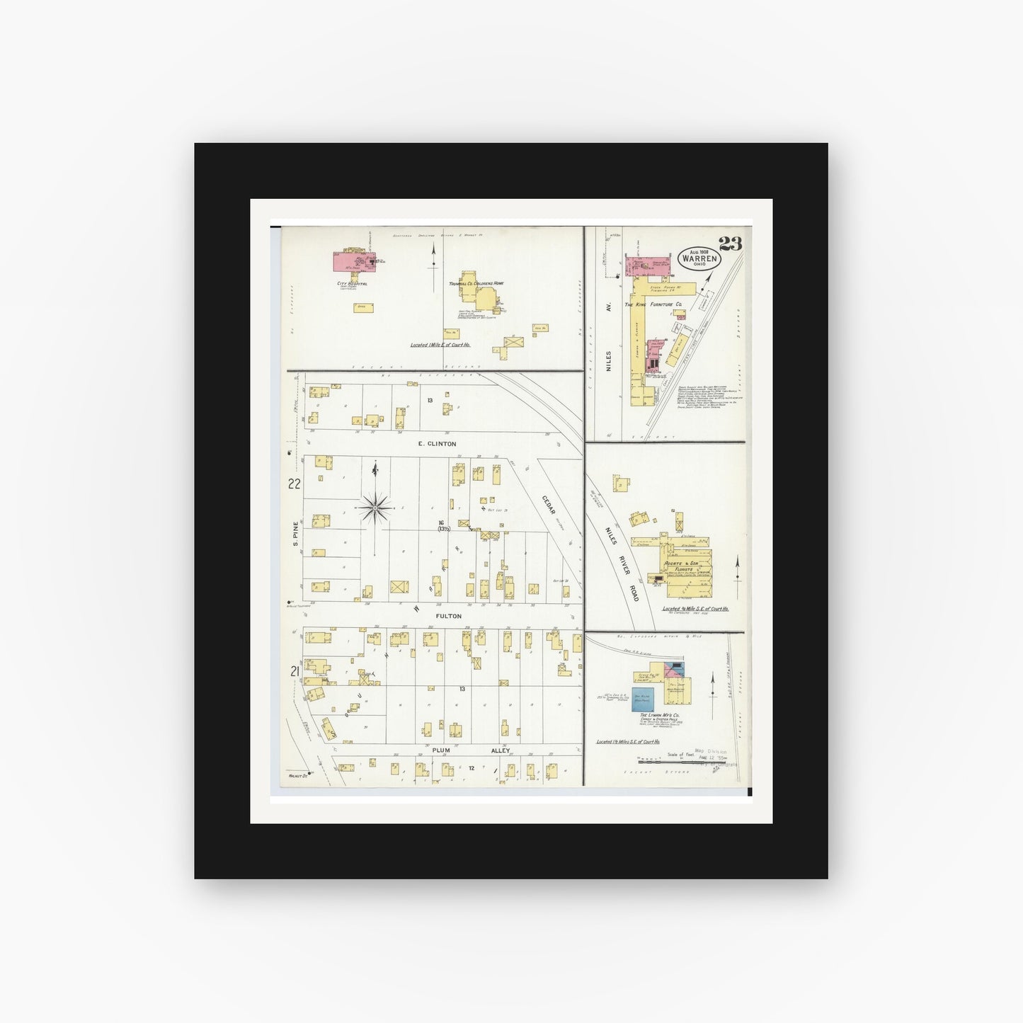 Old map wall art mockup — black gallery frame with white mat — Sanborn Fire Insurance Map from Warren, Trumbull County, Ohio (1908), Sheet #0023