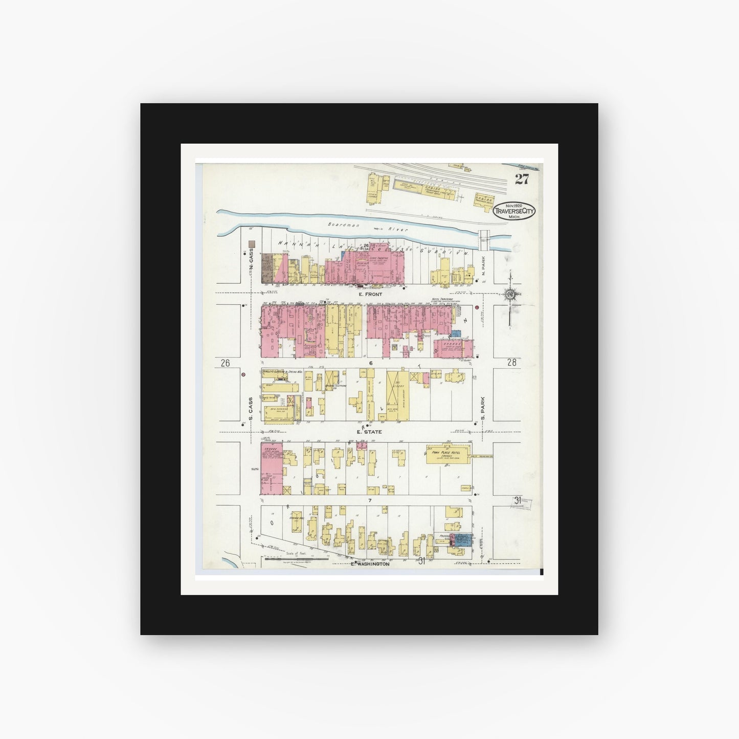 Old map wall art mockup — black gallery frame with white mat — Sanborn Fire Insurance Map from Traverse City, Grand Traverse County, Michigan (1920), Sheet #0027