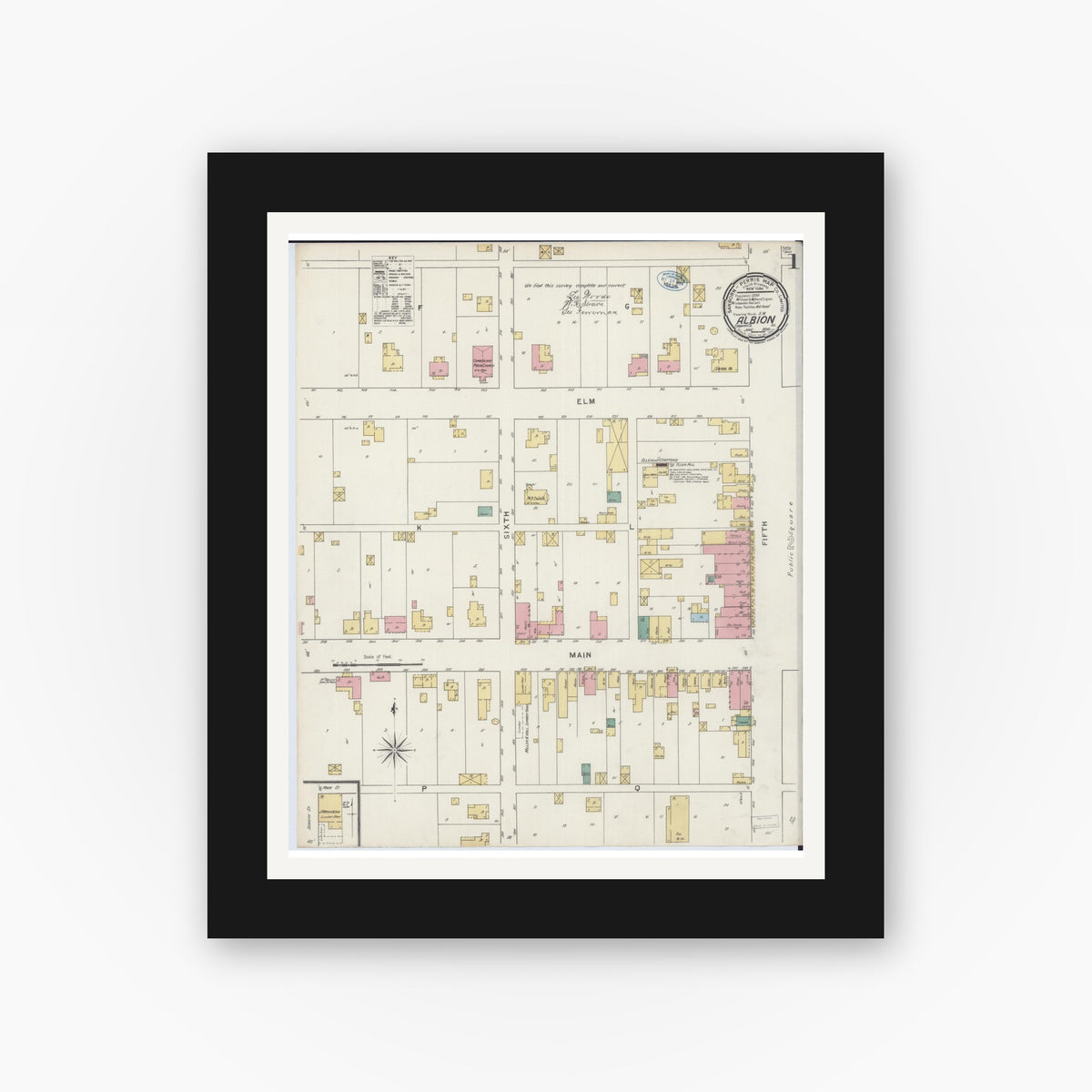 Old map wall art mockup — black gallery frame with white mat — Sanborn Fire Insurance Map from Albion, Edwards County, Illinois (1894) - Complete Map Set