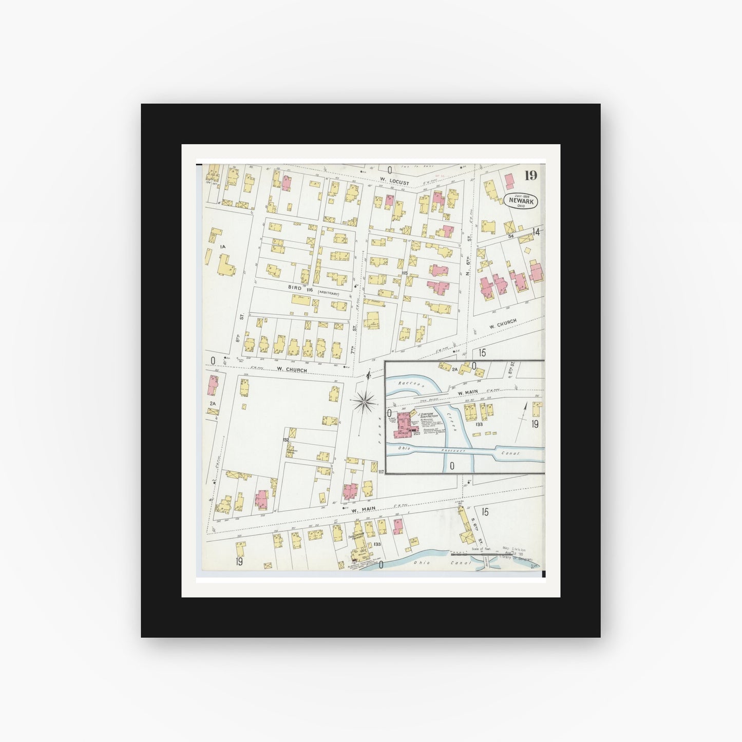 Old map wall art mockup — black gallery frame with white mat — Sanborn Fire Insurance Map from Newark, Licking County, Ohio (1899), Sheet #0019