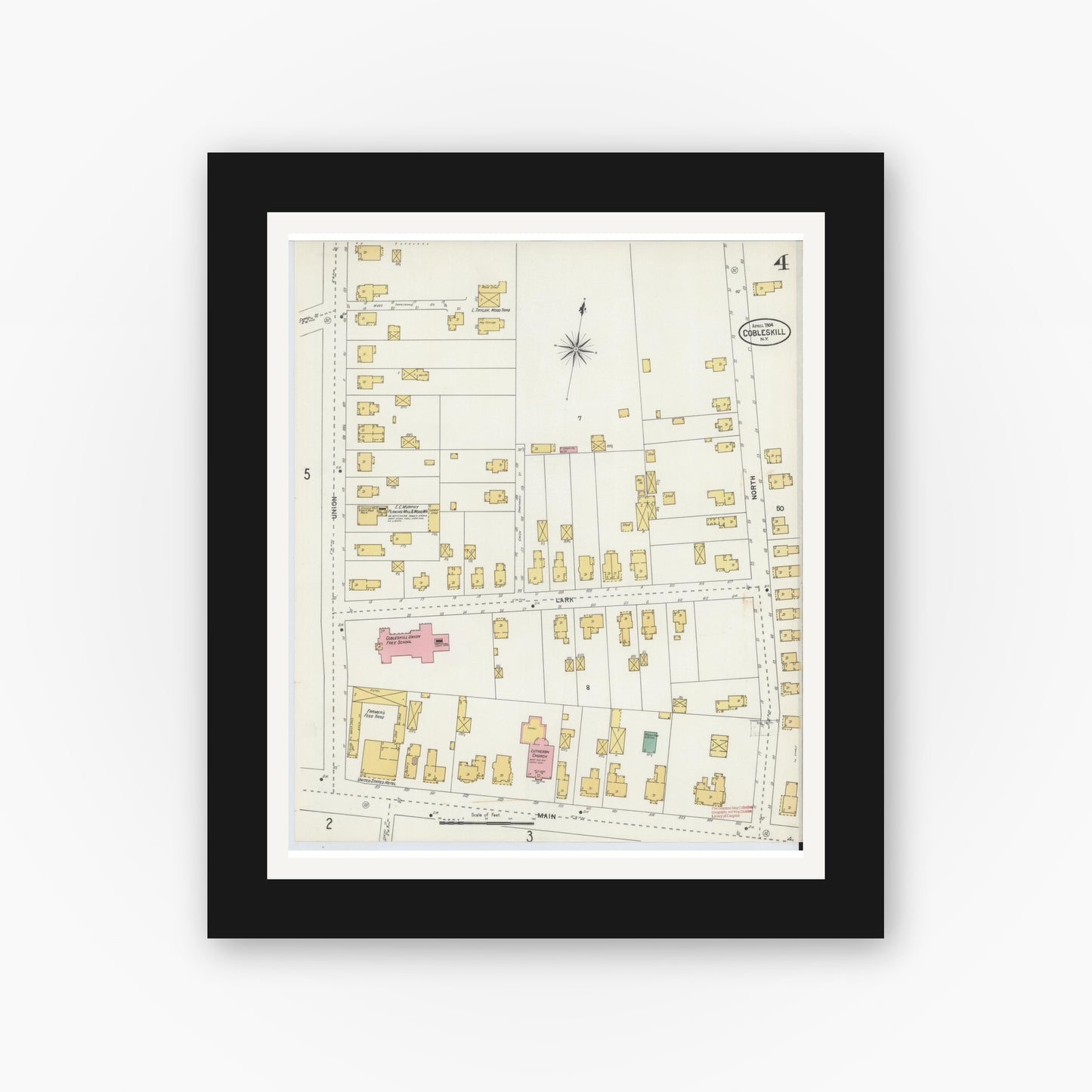 Old map wall art mockup — black gallery frame with white mat — Sanborn Fire Insurance Map from Cobleskill, Schoharie County, New York (1904), Sheet #0004