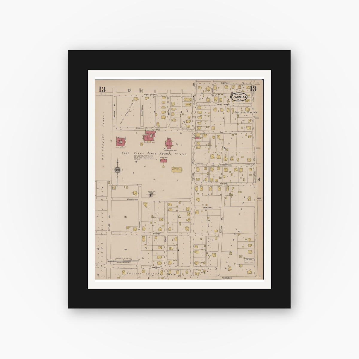 Old map wall art mockup — black gallery frame with white mat — Sanborn Fire Insurance Map from Commerce, Hunt County, Texas (1922), Sheet #0013