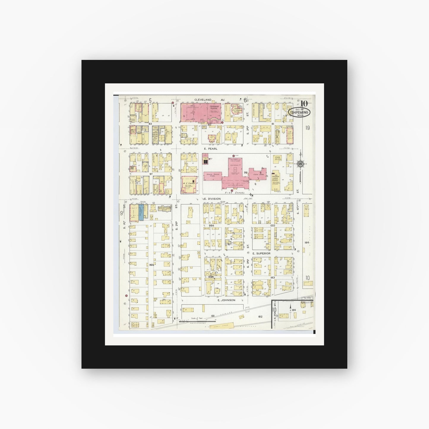 Old map wall art mockup — black gallery frame with white mat — Sanborn Fire Insurance Map from Ishpeming, Marquette County, Michigan (1917), Sheet #0010
