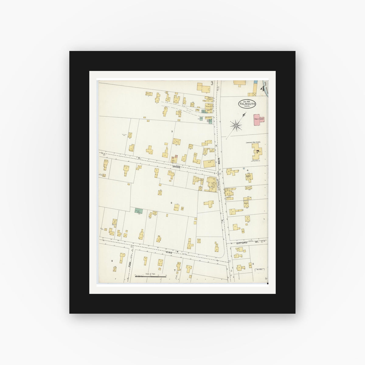 Old map wall art mockup — black gallery frame with white mat — Sanborn Fire Insurance Map from Falmouth, Barnstable County, Massachusetts (1906), Sheet #0004