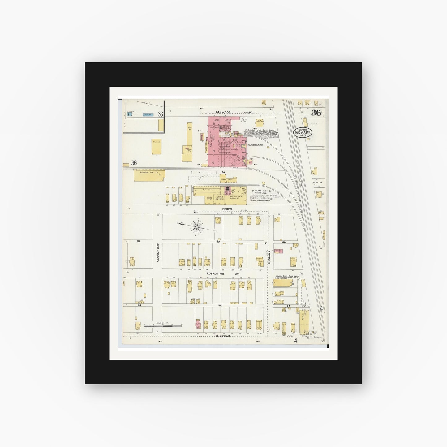 Old map wall art mockup — black gallery frame with white mat — Sanborn Fire Insurance Map from Newark, Licking County, Ohio (1905), Sheet #0036