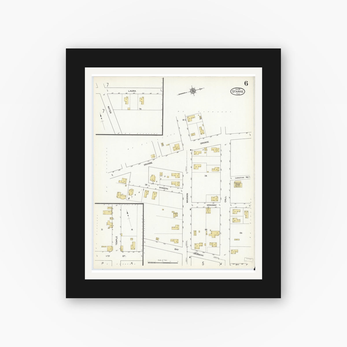 Old map wall art mockup — black gallery frame with white mat — Sanborn Fire Insurance Map from Starke, Bradford County, Florida (1912), Sheet #0006
