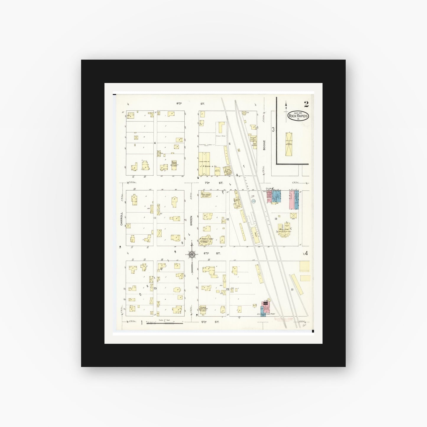Old map wall art mockup β black gallery frame with white mat β Sanborn Fire Insurance Map from Rock Rapids, Lyon County, Iowa (1913), Sheet #0002