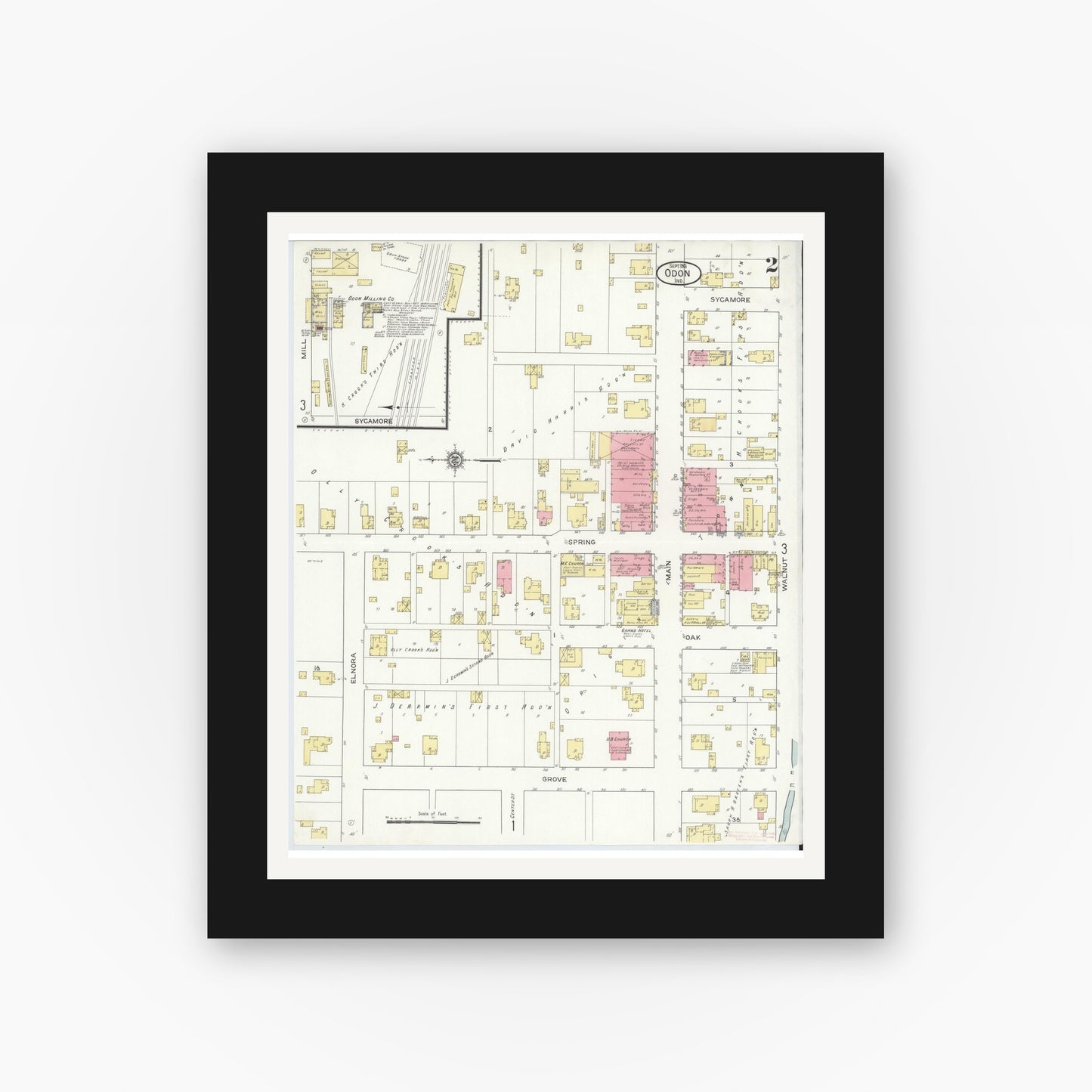 Old map wall art mockup — black gallery frame with white mat — Sanborn Fire Insurance Map from Odon, Daviess County, Indiana (1913), Sheet #0002