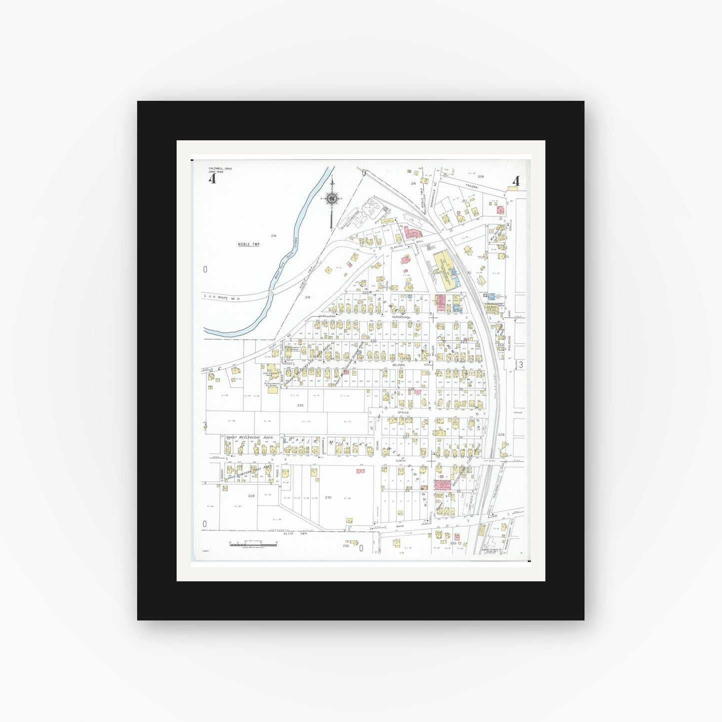 Old map wall art mockup — black gallery frame with white mat — Sanborn Fire Insurance Map from Caldwell, Noble County, Ohio (1948), Sheet #0004