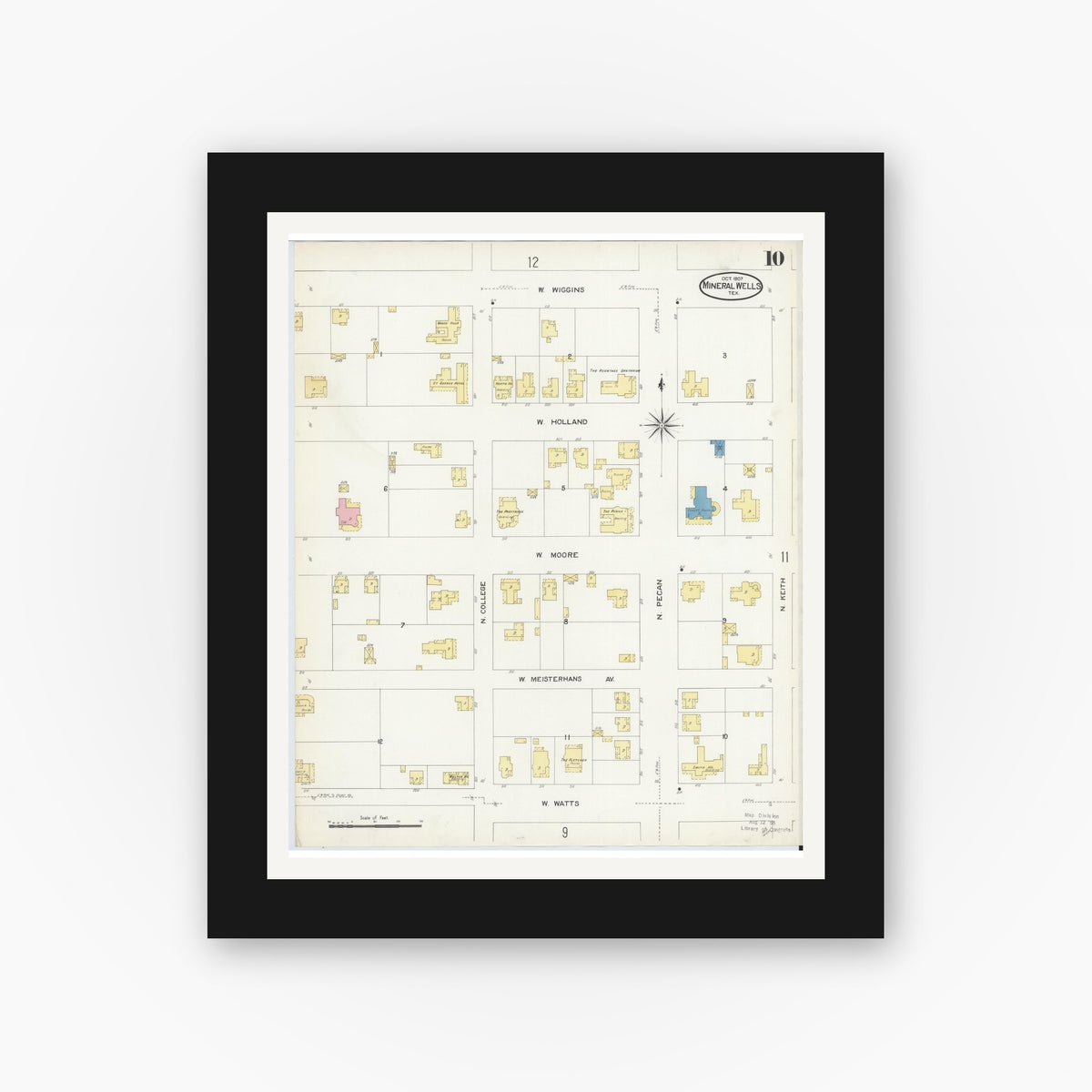 Old map wall art mockup — black gallery frame with white mat — Sanborn Fire Insurance Map from Mineral Wells, Palo Pinto County, Texas (1907), Sheet #0010