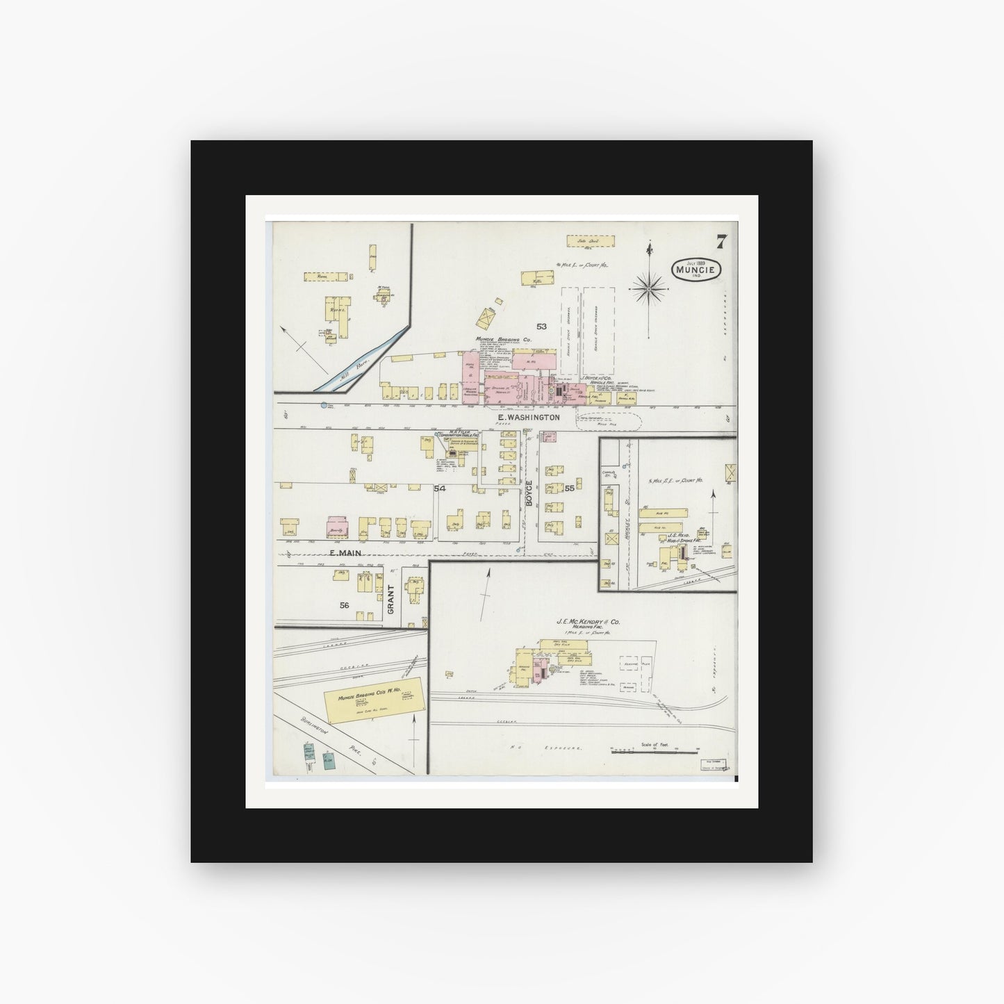 Old map wall art mockup — black gallery frame with white mat — Sanborn Fire Insurance Map from Muncie, Delaware County, Indiana (1889), Sheet #0007