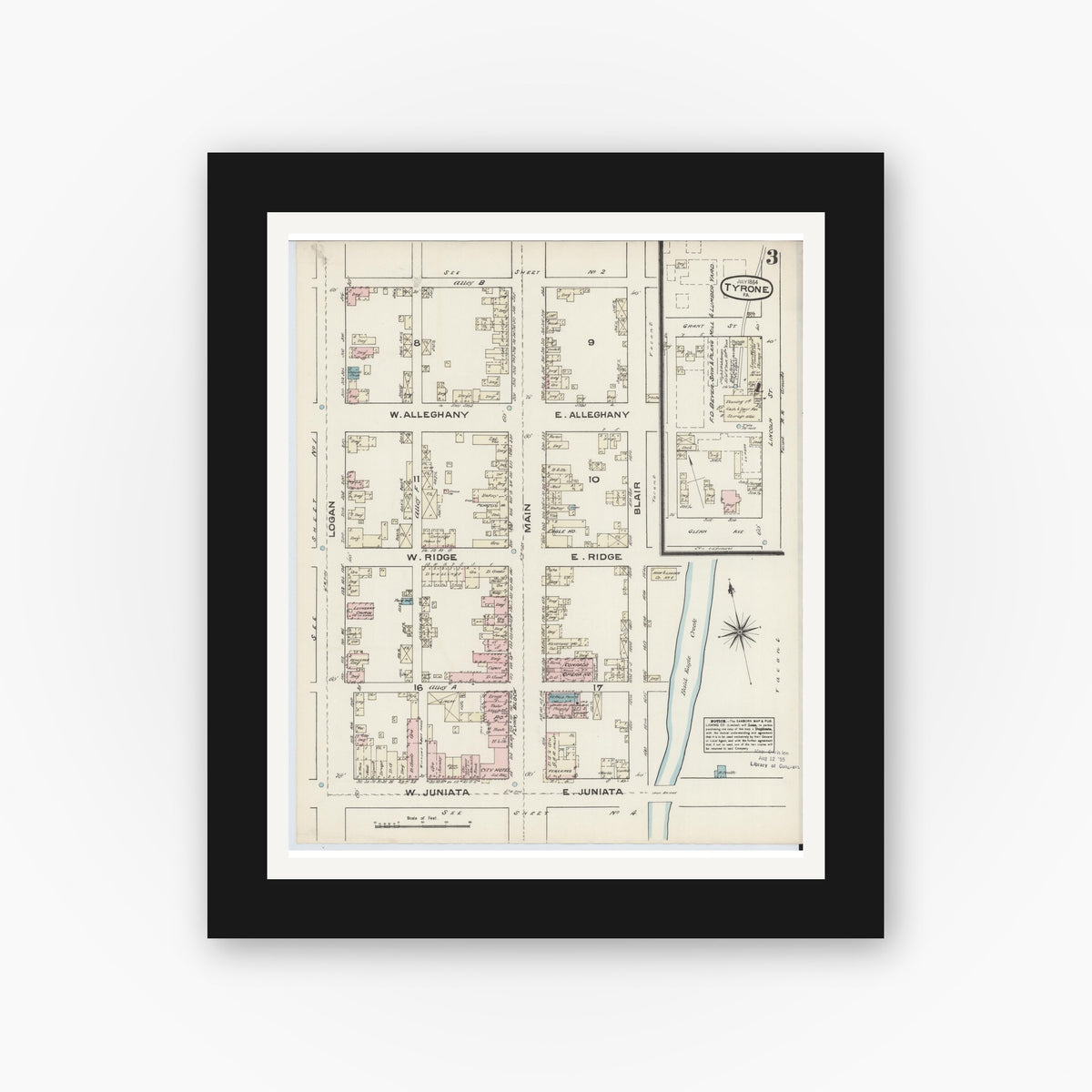 Old map wall art mockup — black gallery frame with white mat — Sanborn Fire Insurance Map from Tyrone, Blair County, Pennsylvania (1884), Sheet #0003