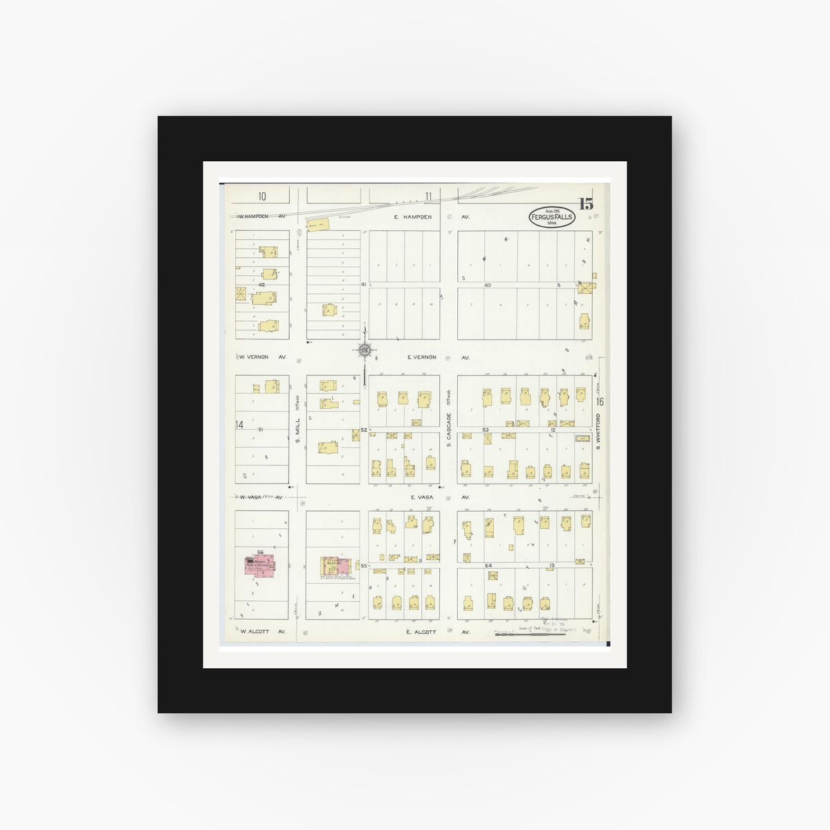 Old map wall art mockup — black gallery frame with white mat — Sanborn Fire Insurance Map from Fergus Falls, Otter Tail County, Minnesota (1915), Sheet #0015