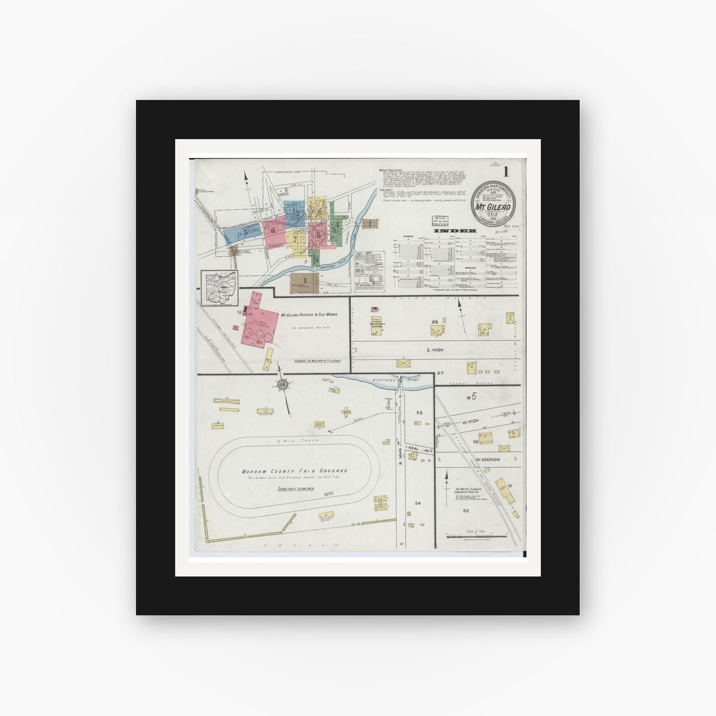 Old map wall art mockup — black gallery frame with white mat — Sanborn Fire Insurance Map from Mount Gilead, Morrow County, Ohio (1919), Sheet #0001