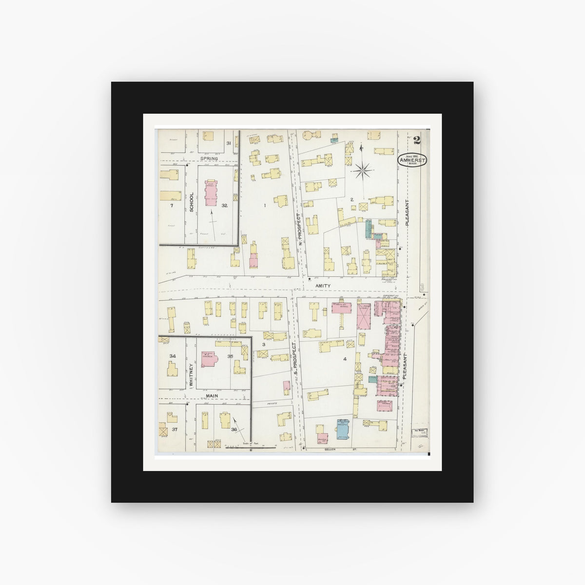 Old map wall art mockup — black gallery frame with white mat — Sanborn Fire Insurance Map from Amherst, Hampshire County, Massachusetts (1892), Sheet #0002