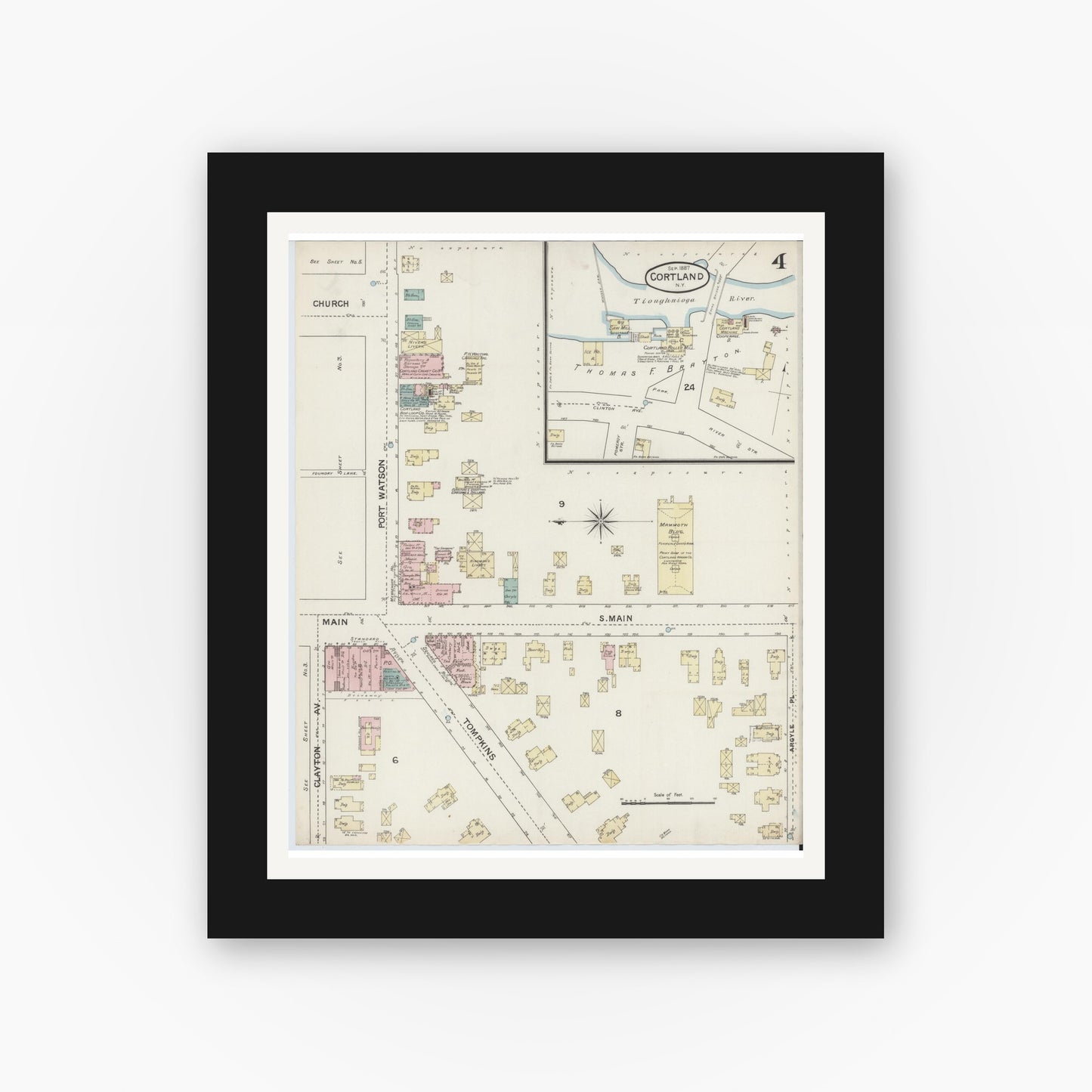 Old map wall art mockup — black gallery frame with white mat — Sanborn Fire Insurance Map from Cortland, Cortland County, New York (1887), Sheet #0004