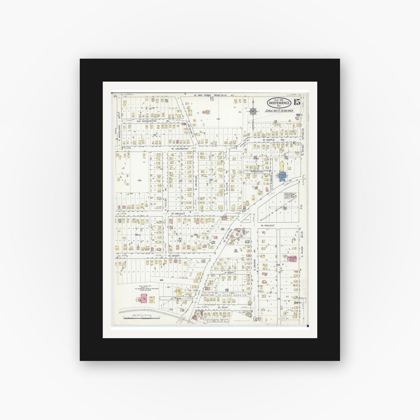Old map wall art mockup — black gallery frame with white mat — Sanborn Fire Insurance Map from Independence, Jackson County, Missouri (1916), Sheet #0015