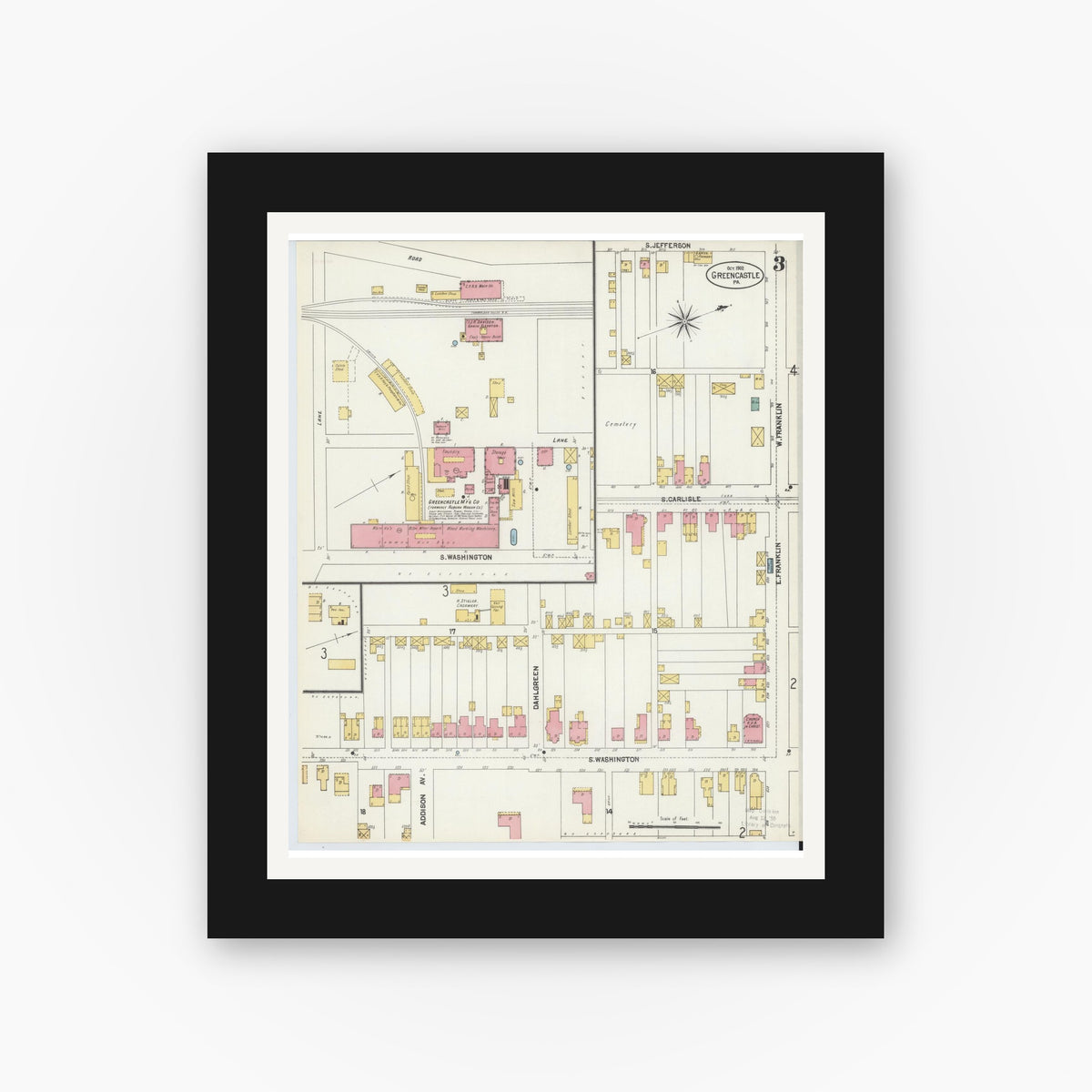Old map wall art mockup — black gallery frame with white mat — Sanborn Fire Insurance Map from Greencastle, Franklin County, Pennsylvania (1902), Sheet #0003