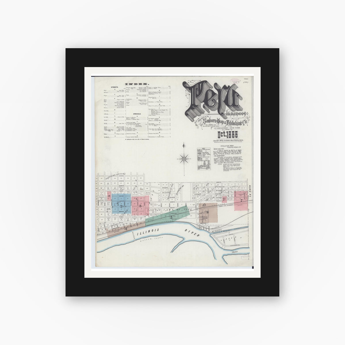 Old map wall art mockup — black gallery frame with white mat — Sanborn Fire Insurance Map from Peru, La Salle County, Illinois (1888) - Complete Map Set