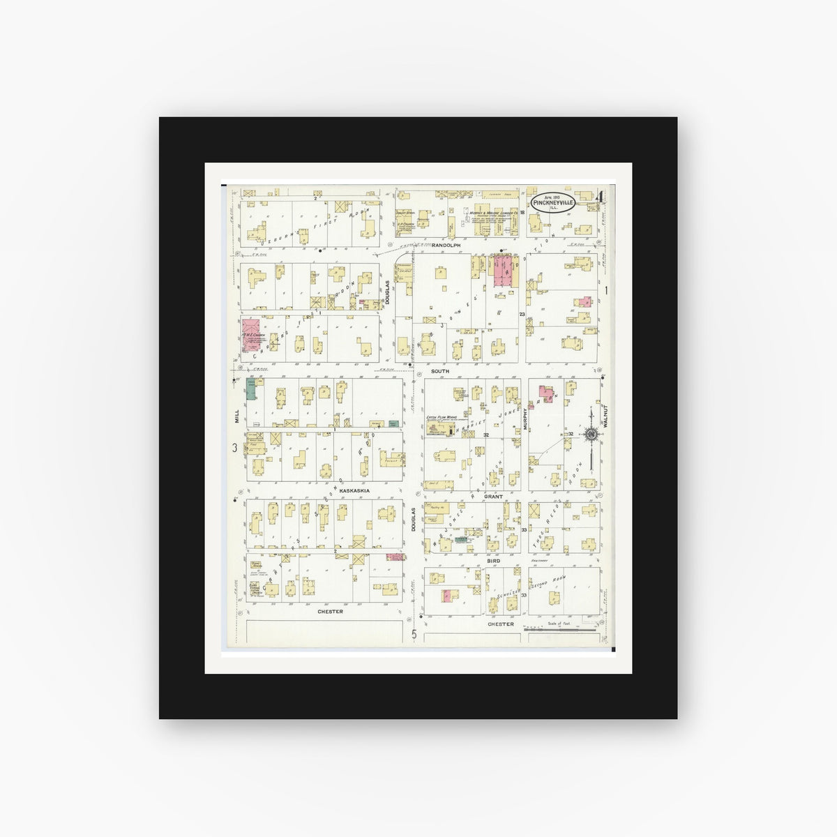 Old map wall art mockup — black gallery frame with white mat — Sanborn Fire Insurance Map from Pinckneyville, Perry County, Illinois (1910), Sheet #0004