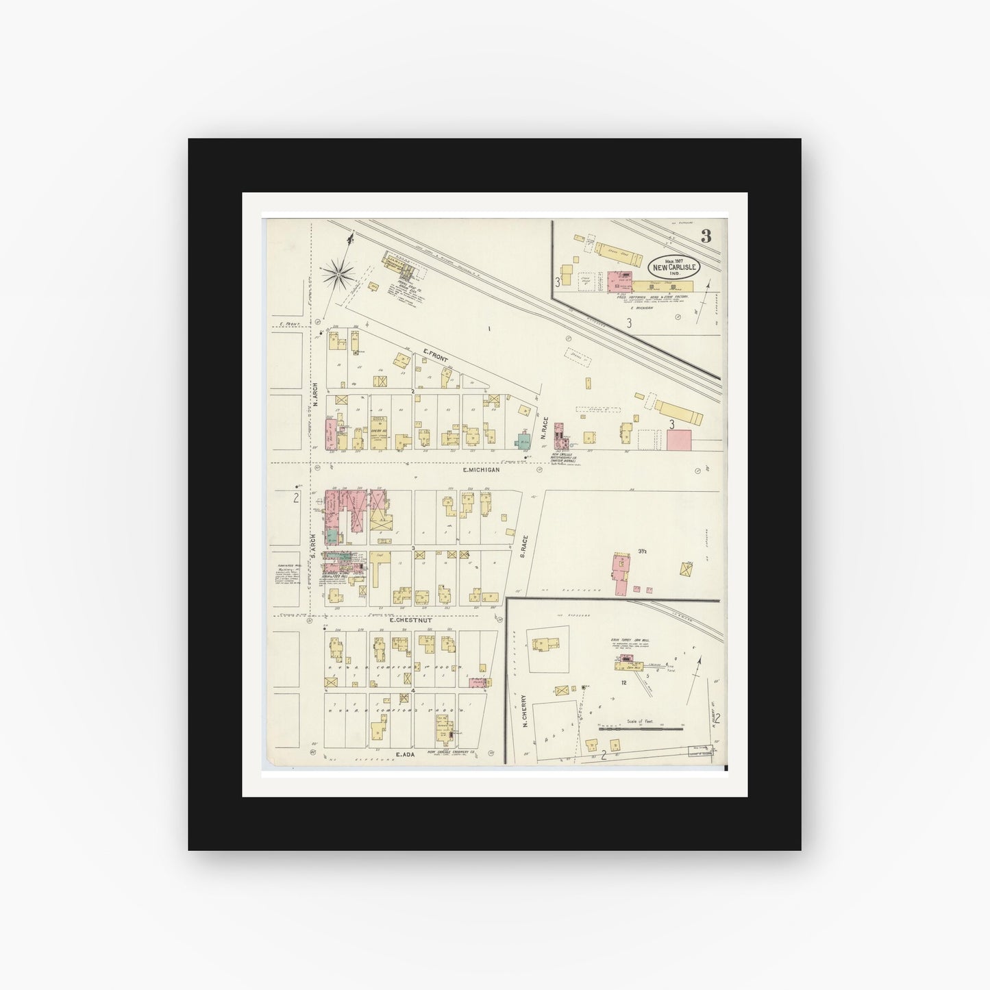 Old map wall art mockup — black gallery frame with white mat — Sanborn Fire Insurance Map from New Carlisle, Saint Joseph County, Indiana (1907), Sheet #0003