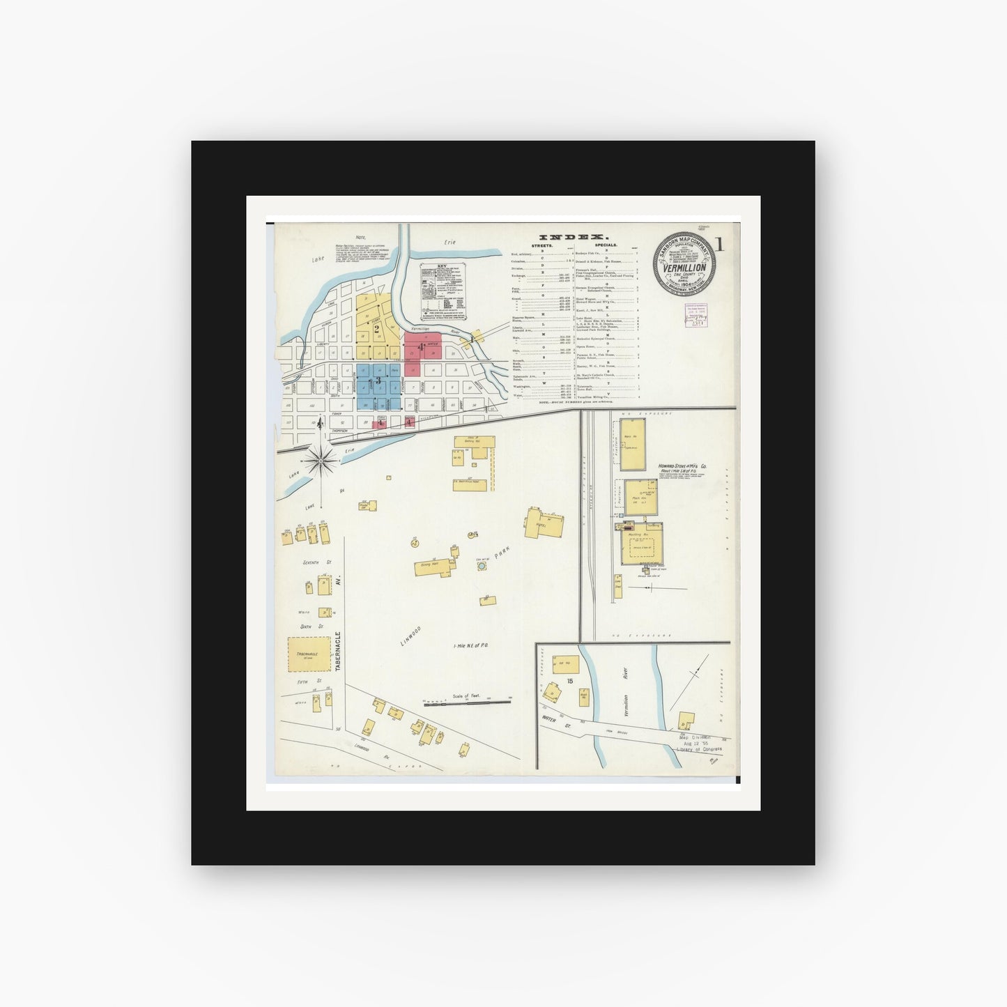Old map wall art mockup — black gallery frame with white mat — Sanborn Fire Insurance Map from Vermillion, Erie County, Ohio (1904), Sheet #0001
