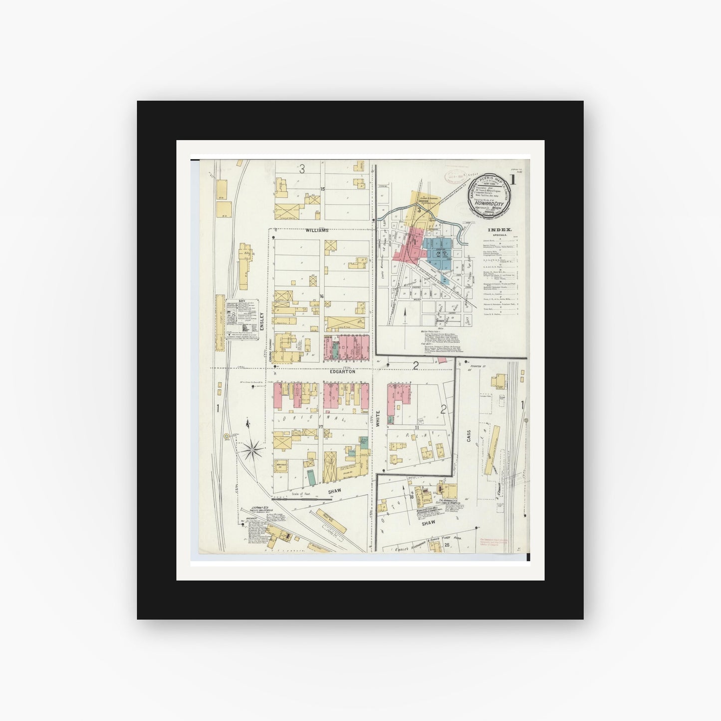 Old map wall art mockup β black gallery frame with white mat β Sanborn Fire Insurance Map from Howard City, Montcalm County, Michigan (1899) - Complete Map Set