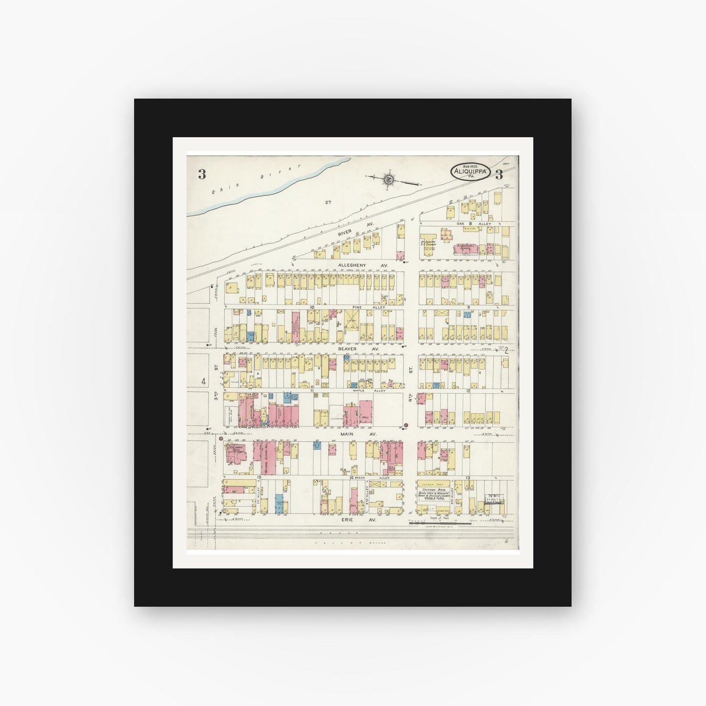Old map wall art mockup — black gallery frame with white mat — Sanborn Fire Insurance Map from Aliquippa, Beaver County, Pennsylvania (1925), Sheet #0003