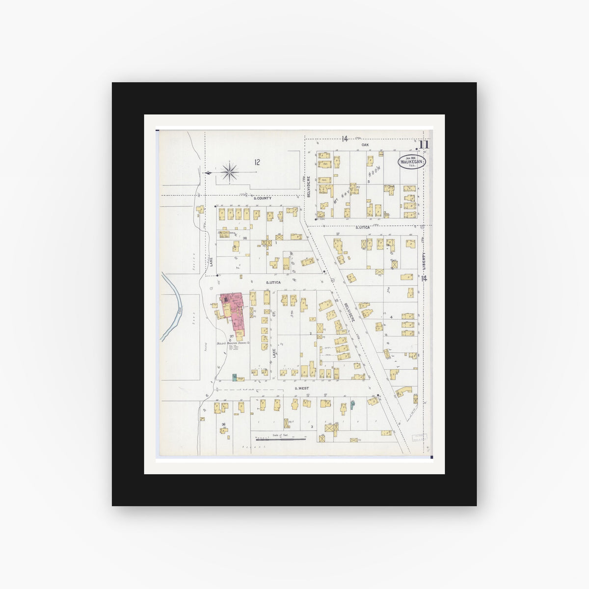 Old map wall art mockup — black gallery frame with white mat — Sanborn Fire Insurance Map from Waukegan, Lake County, Illinois (1906), Sheet #0011