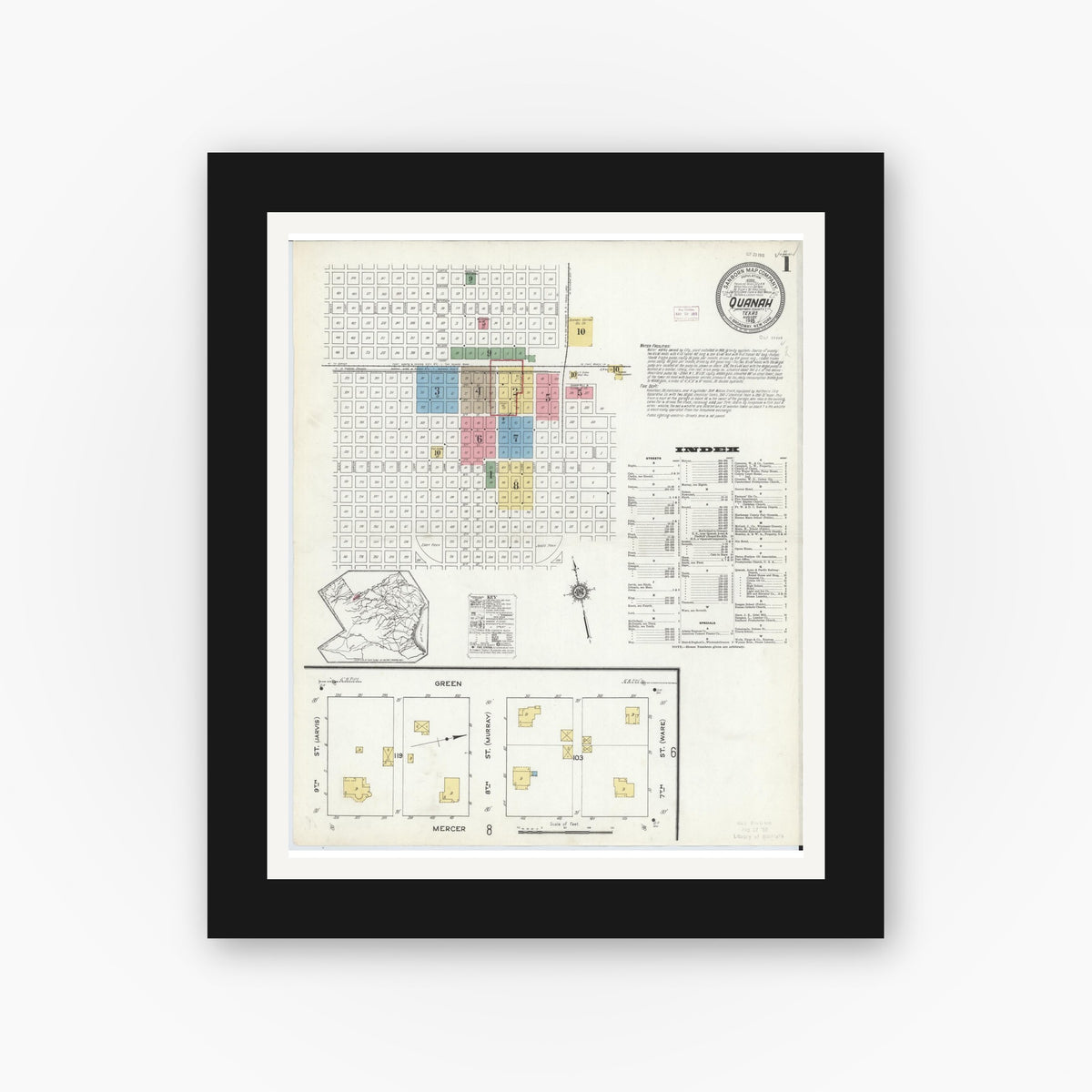 Old map wall art mockup — black gallery frame with white mat — Sanborn Fire Insurance Map from Quanah, Hardeman County, Texas (1915) - Complete Map Set