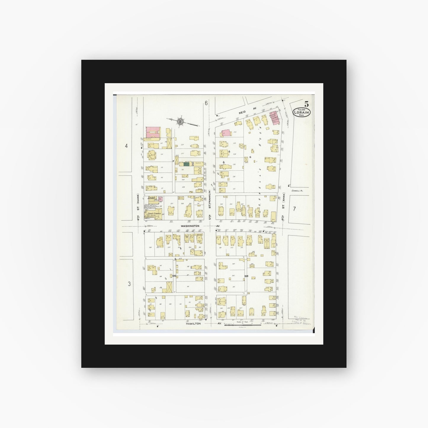 Old map wall art mockup — black gallery frame with white mat — Sanborn Fire Insurance Map from Lorain, Lorain County, Ohio (1910), Sheet #0005