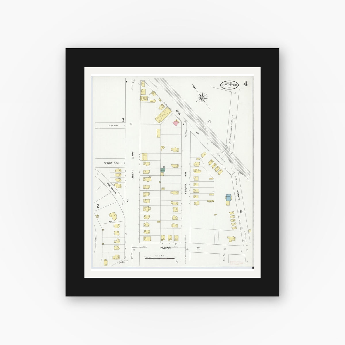 Old map wall art mockup — black gallery frame with white mat — Sanborn Fire Insurance Map from Rutherford, Bergen County, New Jersey (1909), Sheet #0004