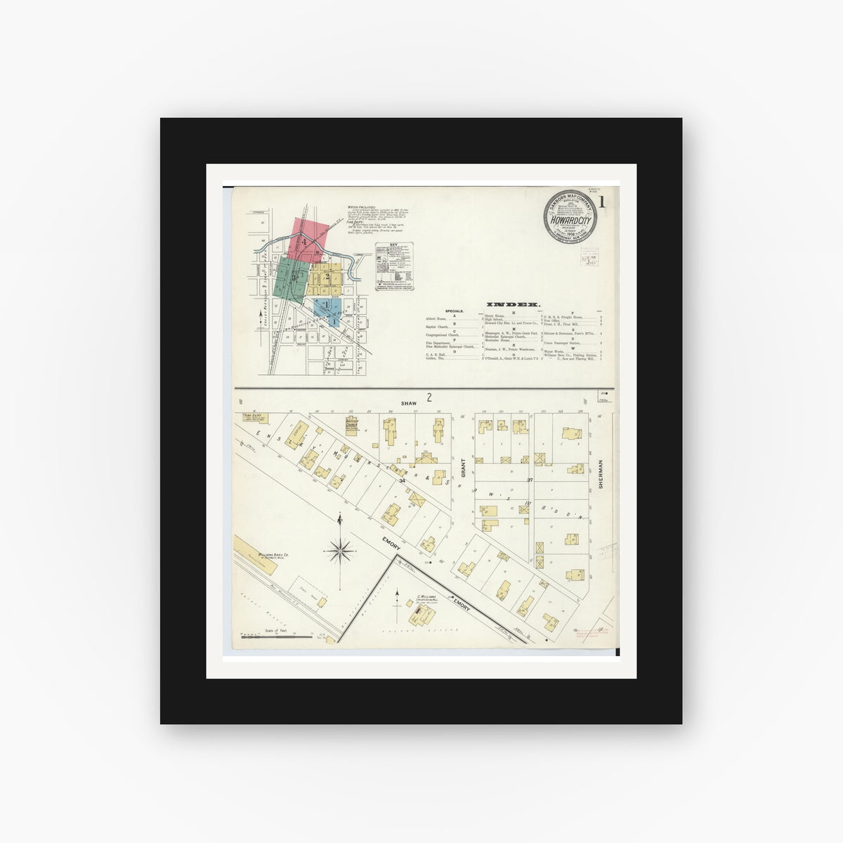 Old map wall art mockup — black gallery frame with white mat — Sanborn Fire Insurance Map from Howard City, Montcalm County, Michigan (1908), Sheet #0001
