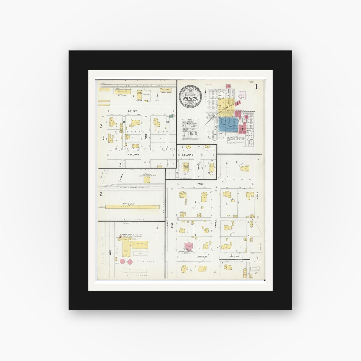 Old map wall art mockup — black gallery frame with white mat — Sanborn Fire Insurance Map from Arthur, Moultrie And Douglas Counties, Illinois (1907), Sheet #0001