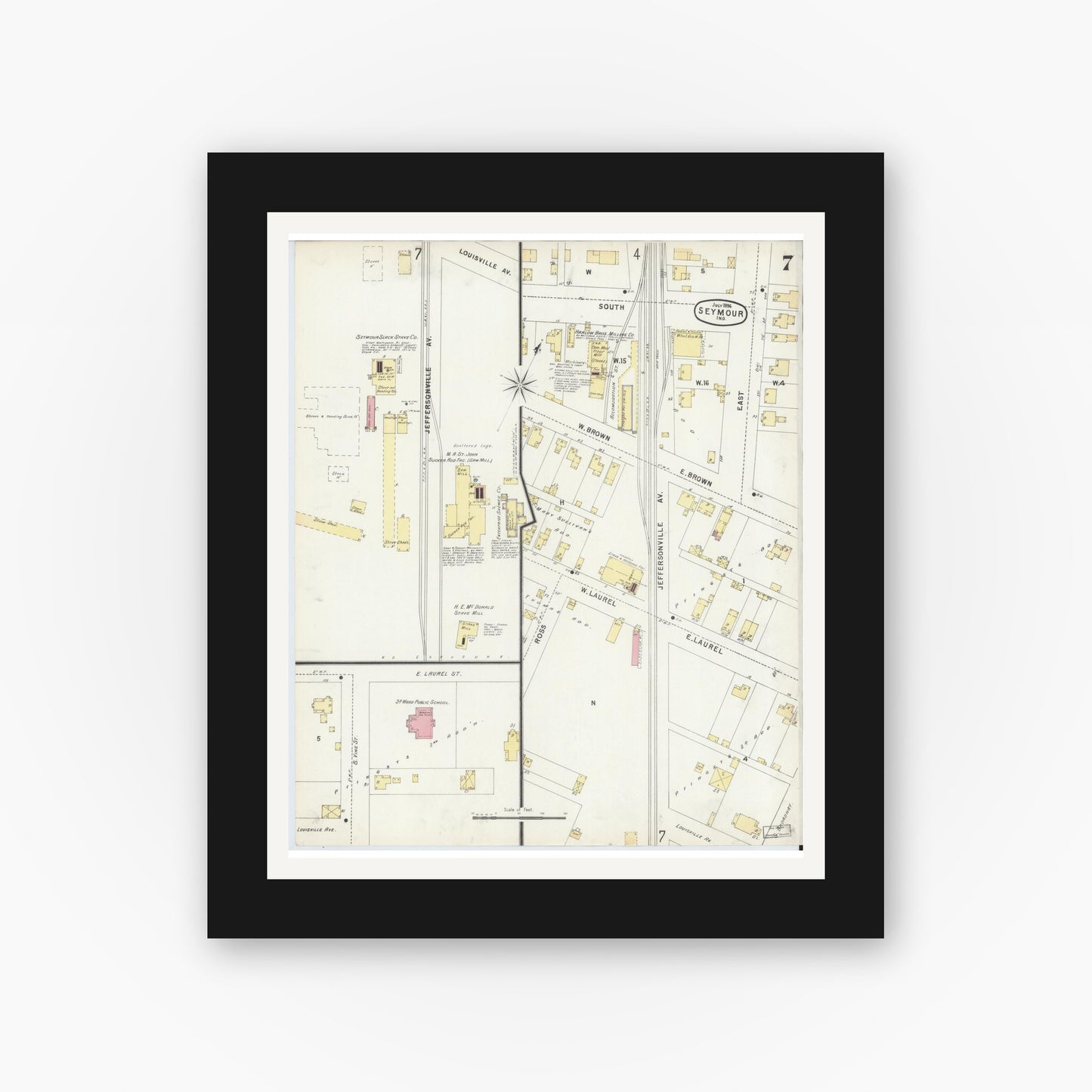 Old map wall art mockup — black gallery frame with white mat — Sanborn Fire Insurance Map from Seymour, Jackson County, Indiana (1896), Sheet #0007