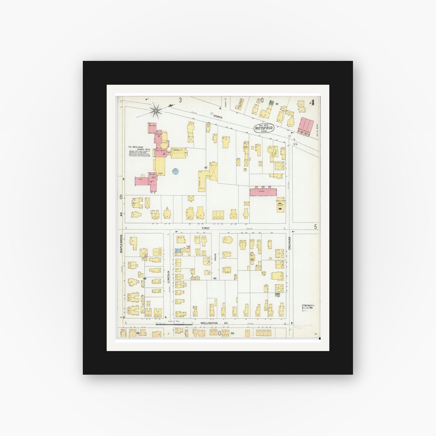 Old map wall art mockup — black gallery frame with white mat — Sanborn Fire Insurance Map from Pittsfield, Berkshire County, Massachusetts (1900), Sheet #0004