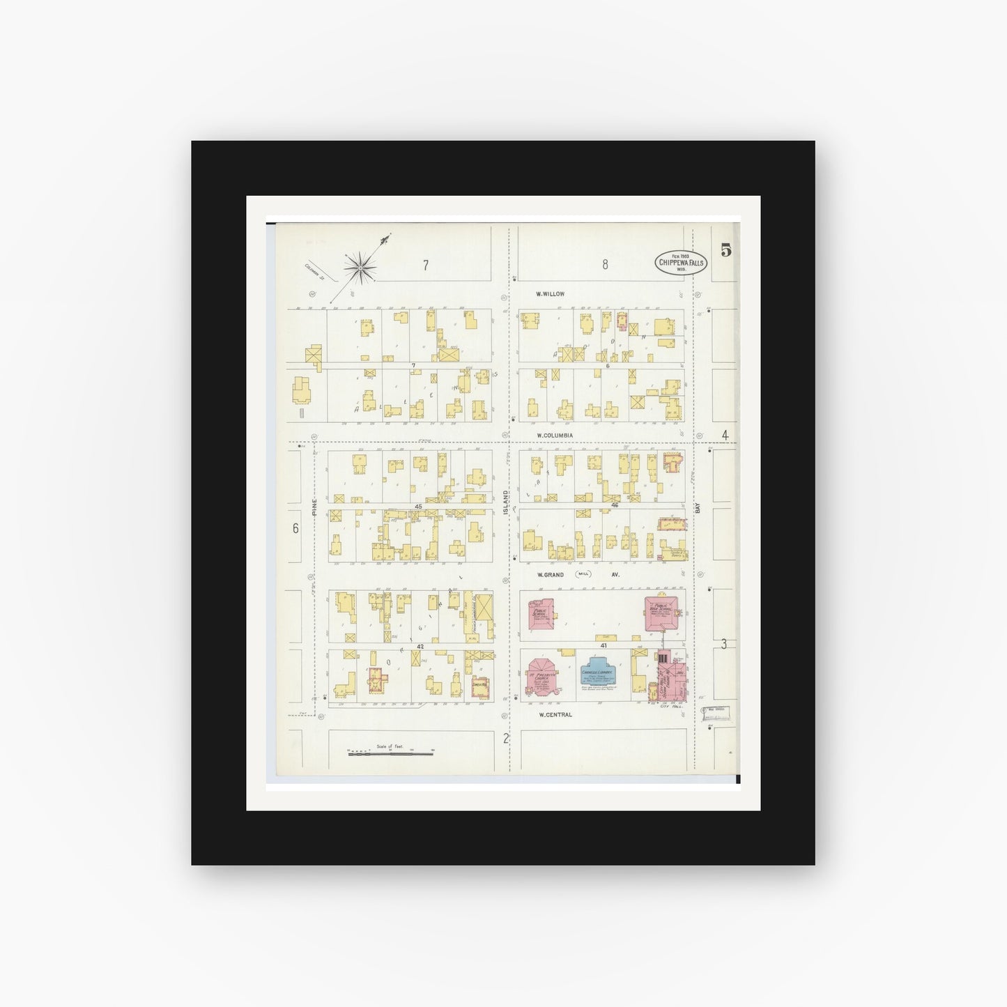 Old map wall art mockup — black gallery frame with white mat — Sanborn Fire Insurance Map from Chippewa Falls, Chippewa County, Wisconsin (1903), Sheet #0005