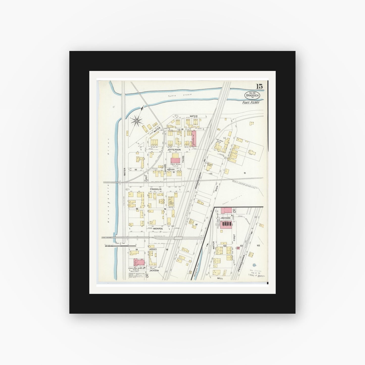 Old map wall art mockup — black gallery frame with white mat — Sanborn Fire Insurance Map from Braddock, Allegheny County, Pennsylvania (1908), Sheet #0015