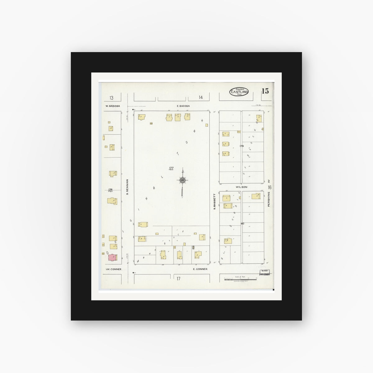 Old map wall art mockup — black gallery frame with white mat — Sanborn Fire Insurance Map from Eastland, Eastland County, Texas (1920), Sheet #0015